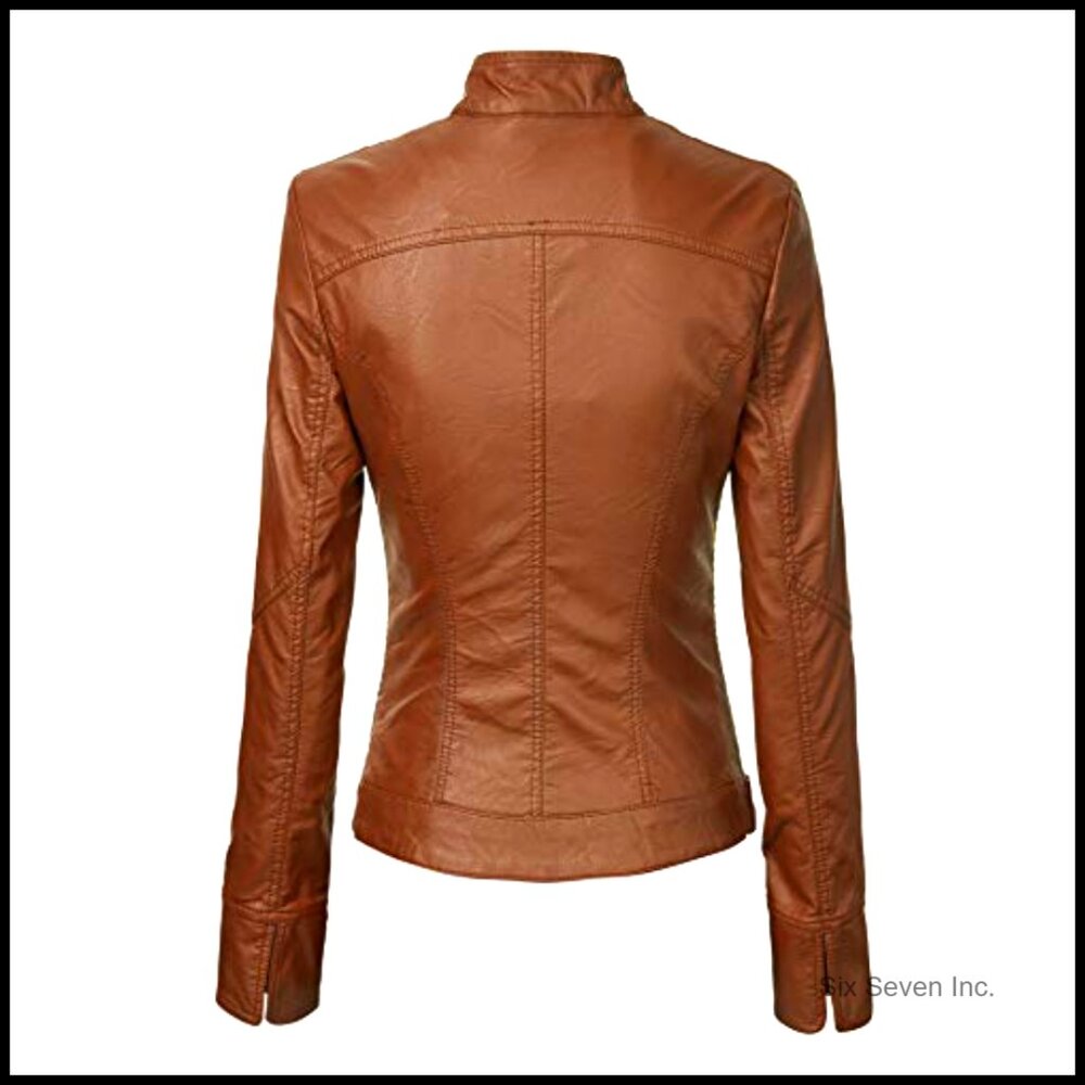 Slim Fit Vegan Leather Moto Jacket Women's Faux Leather Biker Coat - Picture 5 of 7